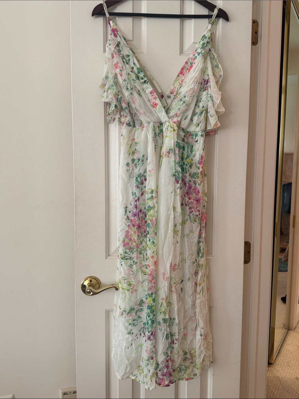 Sabina Musayev White Maxi Dress with Pink & Green Floral Print